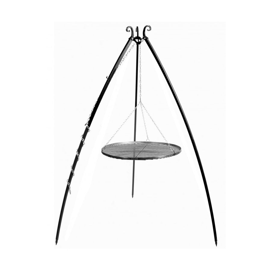Háromlábú kerti grill elölnézet – porfestett állvány 200 cm, függesztett acél grillráccsal (50–80 cm)