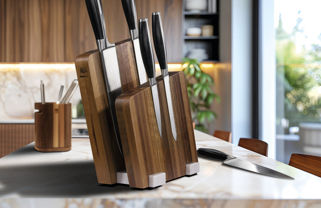 “CARRARA” Doubl magnetic knife block walnut  Carrara marble  7 knife positions