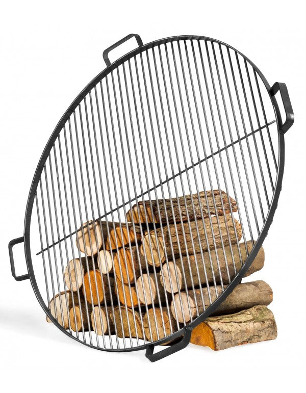 Acél grillrács 4 fogantyúval, kézzel készítve, farakással fotózva