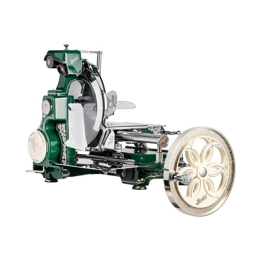 Berkel Volano B114 Abundantia Edition 2025 szeletelőgép bal oldali nézet, fehér krómozott lendkerékkel és zöld házzal