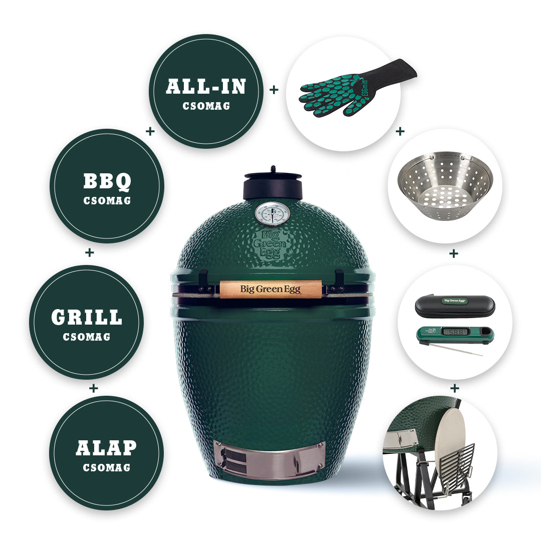 Big Green Egg - ALL-IN + csomag (ALL IN csomag +Kiegészítő tartó állványhoz, digitális maghőmérő, ötujjas szilikonos kesztyű, faszéntartó kosár)