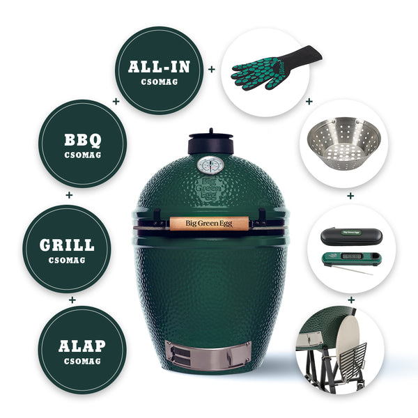 Big Green Egg - ALL-IN + csomag (ALL IN csomag +Kiegészítő tartó állványhoz, digitális maghőmérő, ötujjas szilikonos kesztyű, faszéntartó kosár)