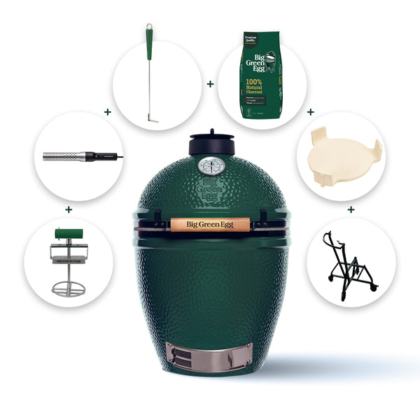 Big Green Egg grillsütő alapcsomag tartozékokkal: faszén, convEGGtor, grillgyújtó, hamukiszedő, rácsemelő és mozgatható állvány