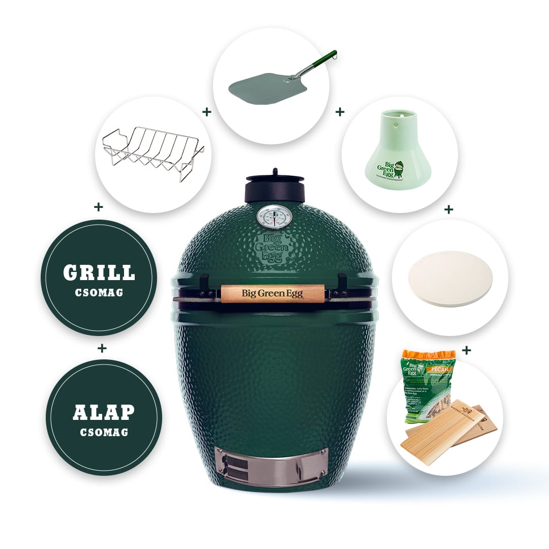 Big Green Egg - BBQ csomag (faszén, állvány, védőhuzat, pizzakő, pizzalapát, csirketrón, sütőkövek, füstölődeszka stb.)