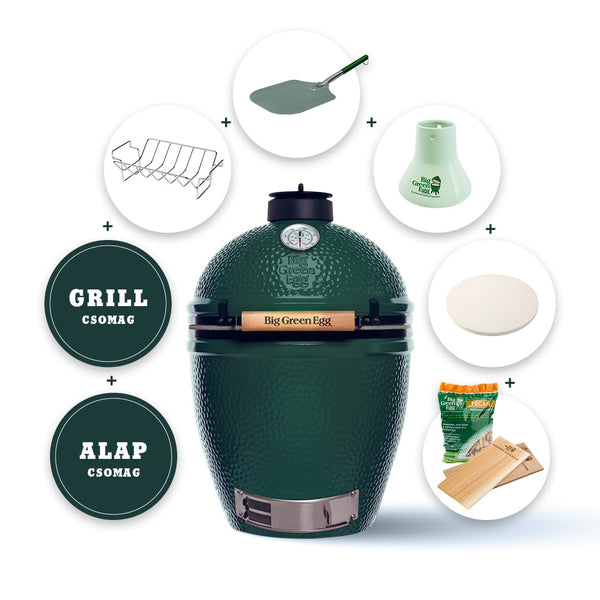 Big Green Egg - BBQ csomag (faszén, állvány, védőhuzat, pizzakő, pizzalapát, csirketrón, sütőkövek, füstölődeszka stb.)
