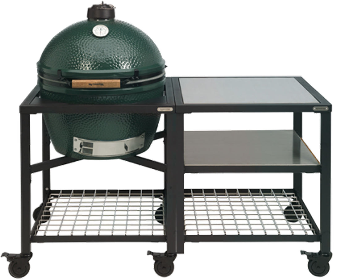 Rozsdamentes acél polclappal bővített Big Green Egg asztalrendszer grillezőhöz, két szintes elrendezéssel