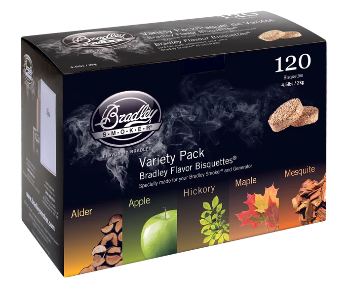 Bradley 5 ízesítésű füstölőkorong válogatás csomag – 120 db, Apple, Alder, Hickory, Maple, Mesquite aromával