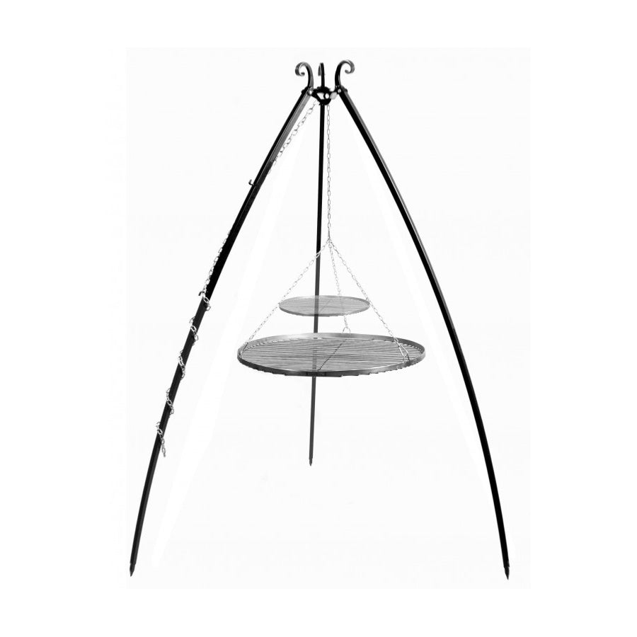 Tripod grill ket raccsal, ivelt labakkal es lancos fuggesztessel, porfestett acel allvany
