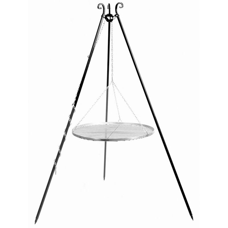 Háromlábú kerti grill elölnézet – porfestett állvány 180 cm, függesztett acél grillráccsal (50–80 cm)