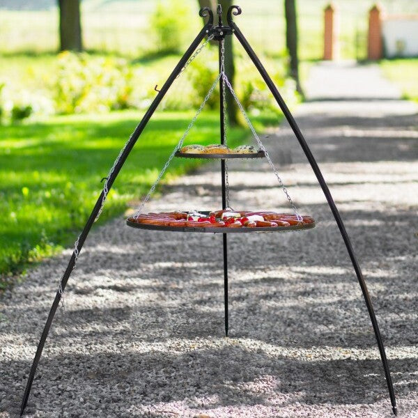 Ketszintes tripod grill (40 cm felso + 70/80 cm also racs) stabil haromlabu allvanyon, kerti hasznalat