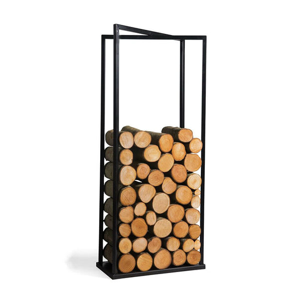 Fekete acél tűzifatároló állvány, teljesen megrakva, 120×40×20 cm-es méretben, letisztult formatervezéssel