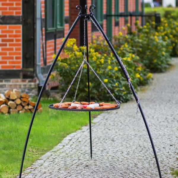Összecsukható, porfestett tripod állvány 200 cm magassággal, kampókkal és láncrögzítéssel