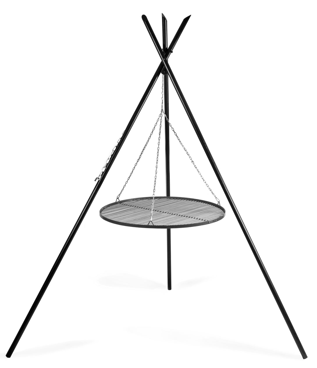 Cook King TIPI állványos grill, 210 cm, függesztett acél rács, láncos magasságállítás, fehér háttér.