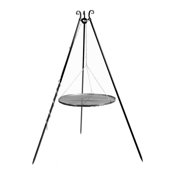 Háromlábú kerti grill elölnézet – porfestett állvány 180 cm, függesztett acél grillráccsal (50–80 cm)