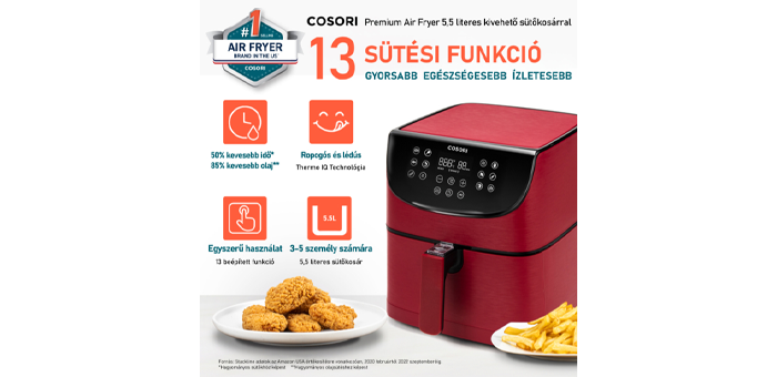 Cosori Premium Forrólevegős Sütő Piros 5,5L