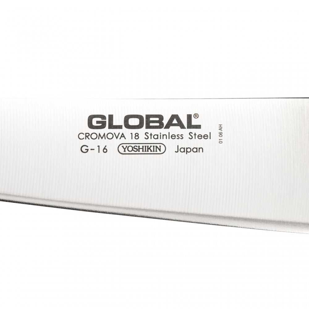 Global G-16 szakácskés penge felirata: Cromova18 Stainless Steel, YOSHIKIN Japan

