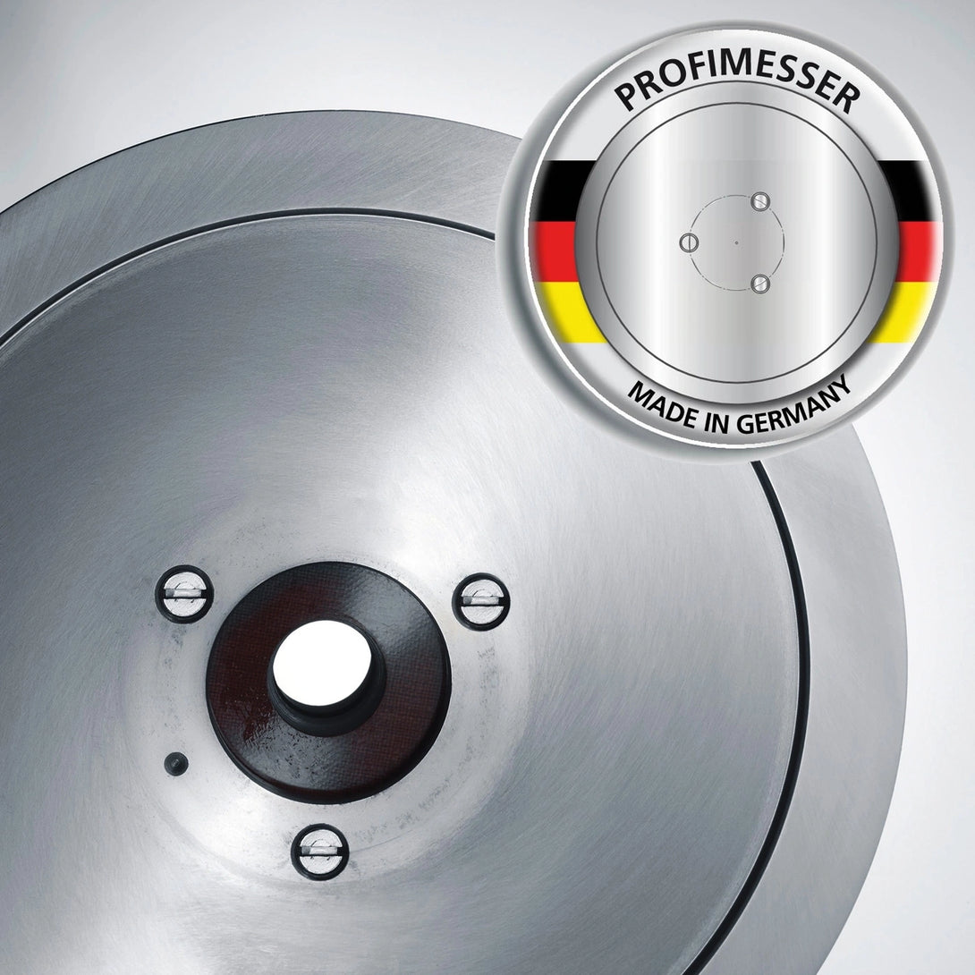 Graef Master M90 170 mm-es, teljesen edzett PROFIMESSER acélkés – Made in Germany jelölés, késrészlet közelről.