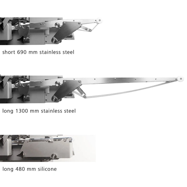 Graef VA automata szeletelőgép szállítószalag opciók: 690 mm rozsdamentes acél, 1300 mm rozsdamentes acél és 480 mm szilikon kivitel