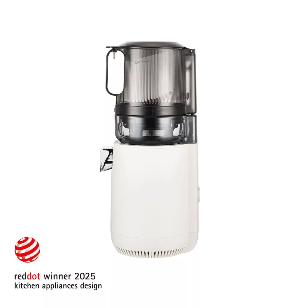 Hurom E50ST slow juicer oldalnézet – fehér színű kompakt gyümölcsprés önadagoló tartállyal, Red Dot Design díjas kialakítással