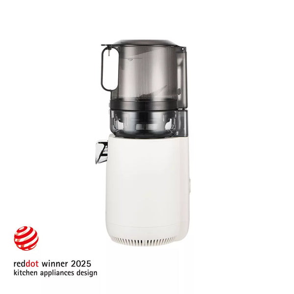 Hurom E50ST slow juicer oldalnézet – fehér színű kompakt gyümölcsprés önadagoló tartállyal, Red Dot Design díjas kialakítással