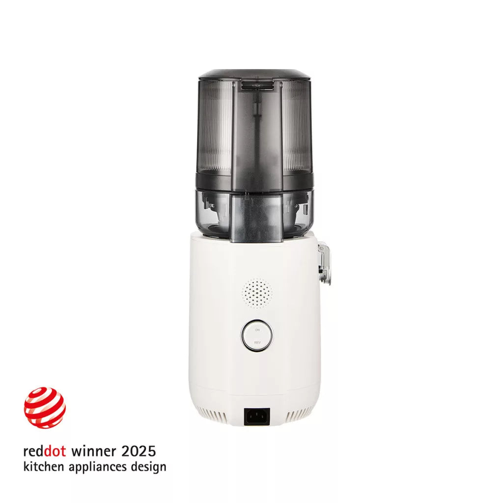 Hurom E50ST slow juicer hátlap – ON/REV kapcsolóval és hőelvezető nyílásokkal a hosszú élettartam érdekében