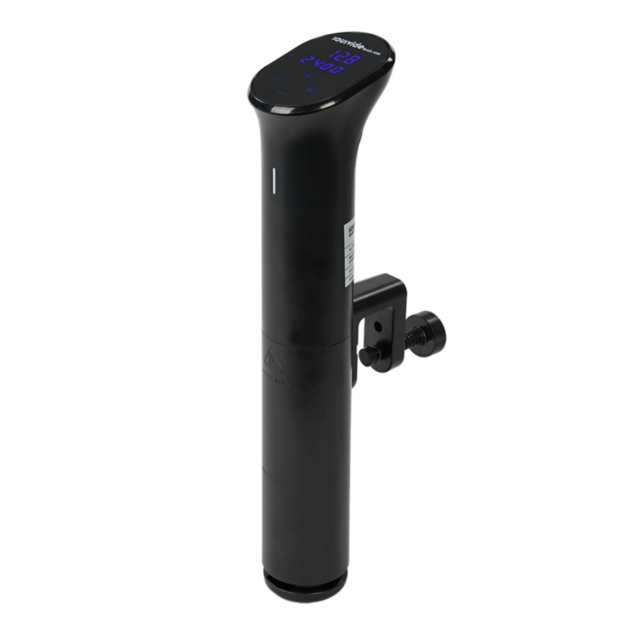 iVide 2.0 sous vide bot oldalnézetből, ergonomikus formával és rögzítő csavarral

