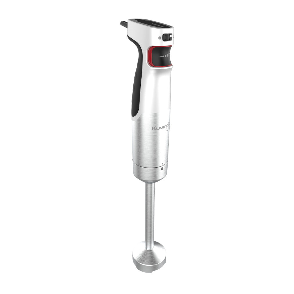 Kuvings Hand Blender fehér kivitel, rozsdamentes acél test és keverőszár, döntött nézet termékfotó.
