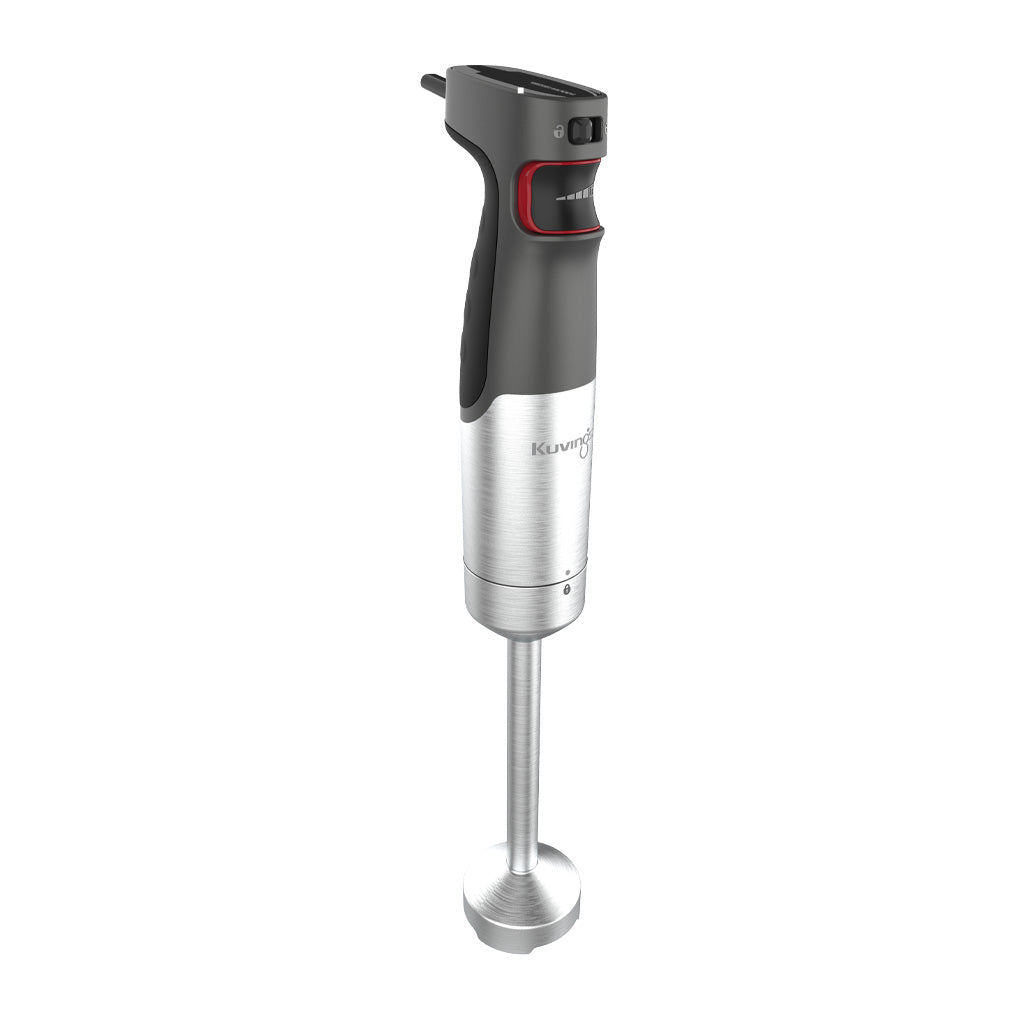 Kuvings Hand Blender grafitszürke kivitel, ergonomikus fogantyú és rozsdamentes acél keverőszár, döntött nézet.