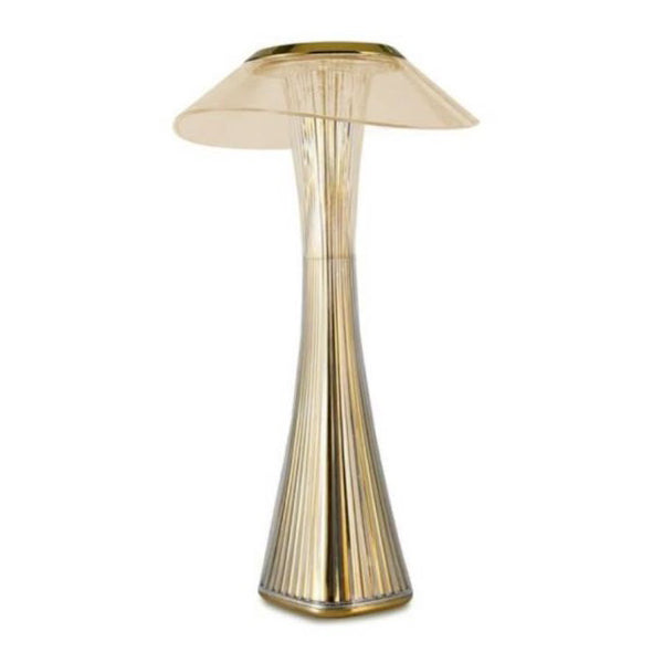 Aranyszínű modern LED asztali lámpa áttetsző burával, design enteriőrbe.