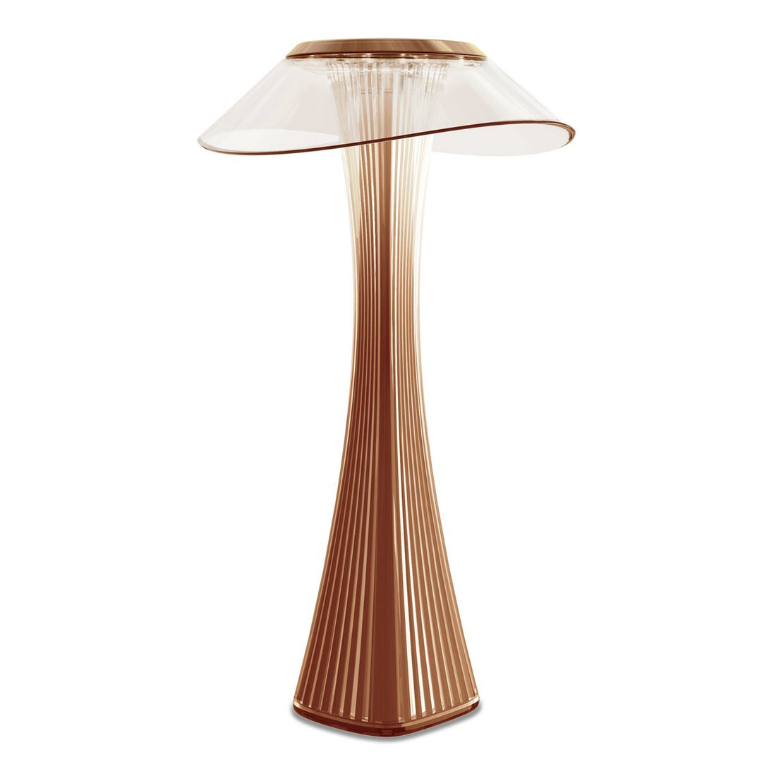 Bronz árnyalatú kortárs LED asztali lámpa elegáns, ívelt formával.