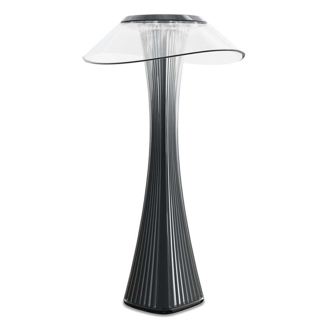 Fekete modern LED asztali lámpa letisztult dizájnnal és íves formákkal.