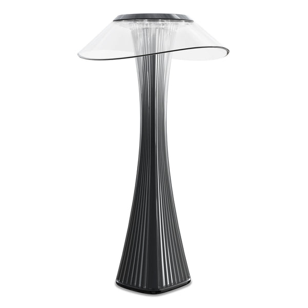 Fekete modern LED asztali lámpa letisztult dizájnnal és íves formákkal.