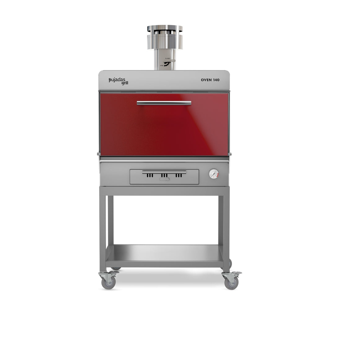 Pujadas Essential Brasa faszenes grill kemence, 140 fős kapacitás, bordó kivitel, szemből