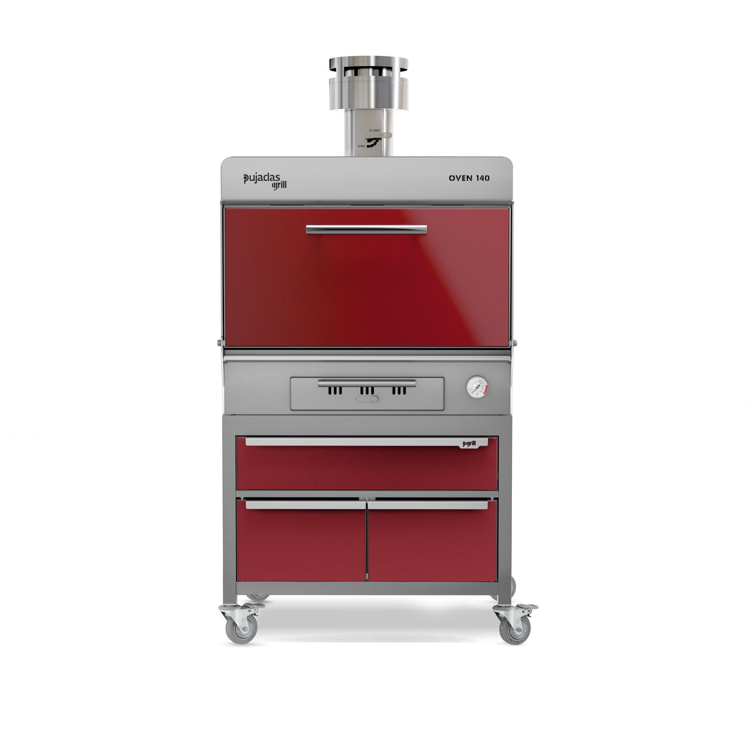 Pujadas Premium brasa faszenes grillsütő, 140 fős kapacitás, bordó kivitel, szemből
