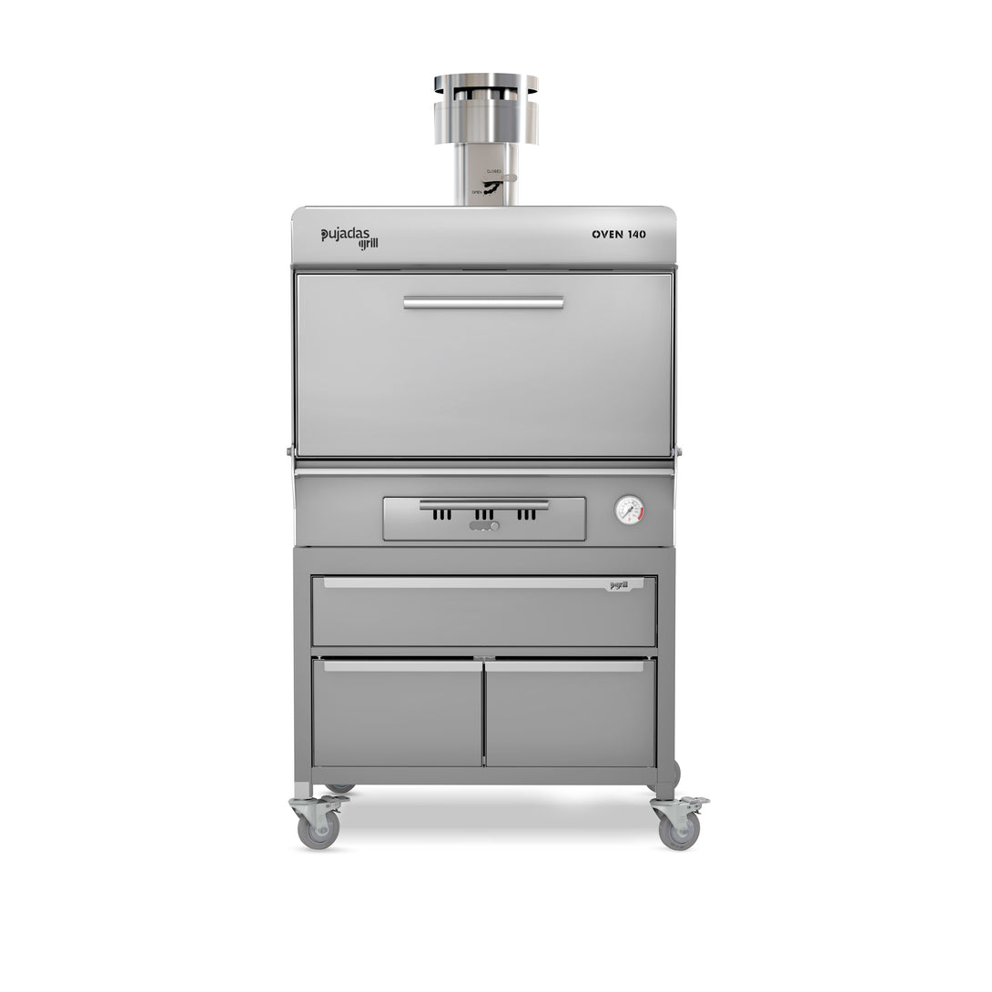 Pujadas Premium brasa faszenes grillsütő, 140 fős kapacitás, ezüstmetál kivitel, szemből