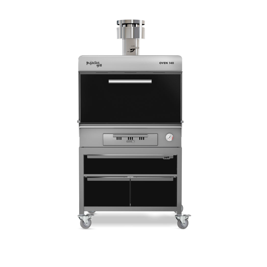 Pujadas Premium brasa faszenes grillsütő, 140 fős kapacitás, fekete kivitel, szemből