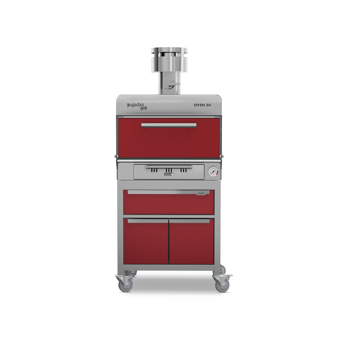 Pujadas Premium brasa faszenes grillsütő, 50 fős kapacitás, bordó kivitel, szemből