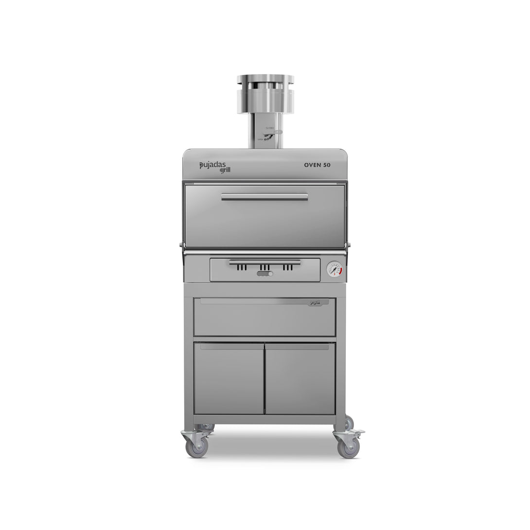 Pujadas Premium brasa faszenes grillsütő, 50 fős kapacitás, ezüstmetál kivitel, szemből