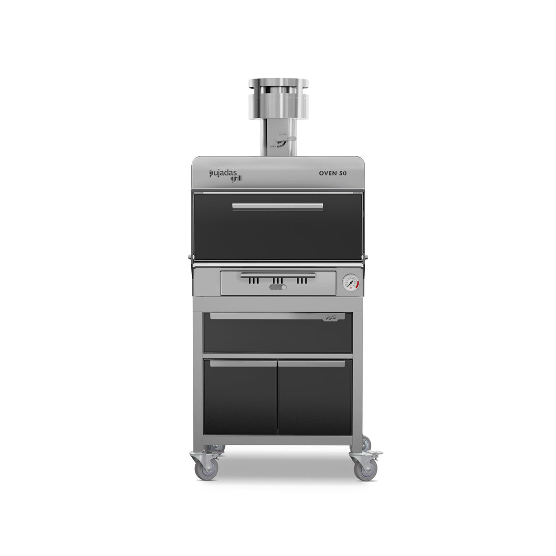 Pujadas Premium brasa faszenes grillsütő, 50 fős kapacitás, fekete kivitel, szemből