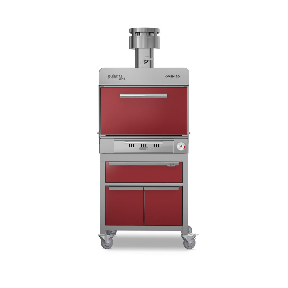 Pujadas Premium brasa faszenes grillsütő, 90 fős kapacitás, bordó kivitel, szemből