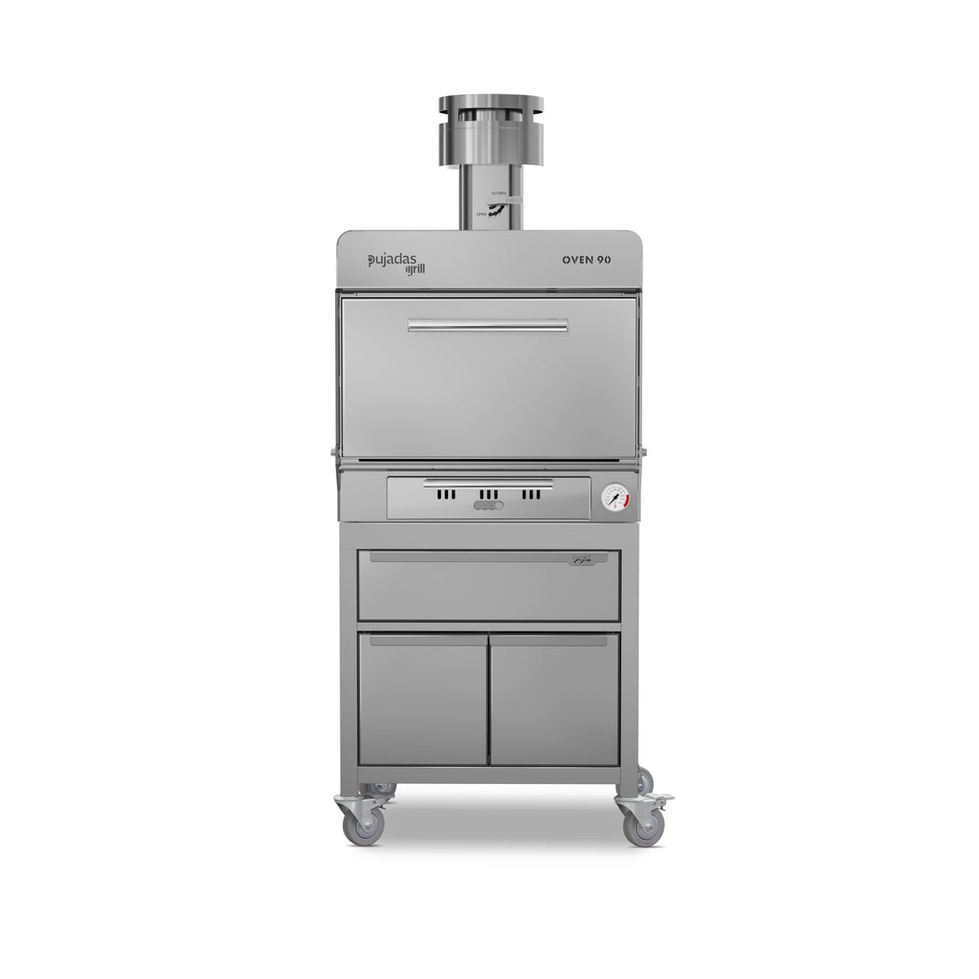 Pujadas Premium brasa faszenes grillsütő, 90 fős kapacitás, ezüstmetál kivitel, szemből