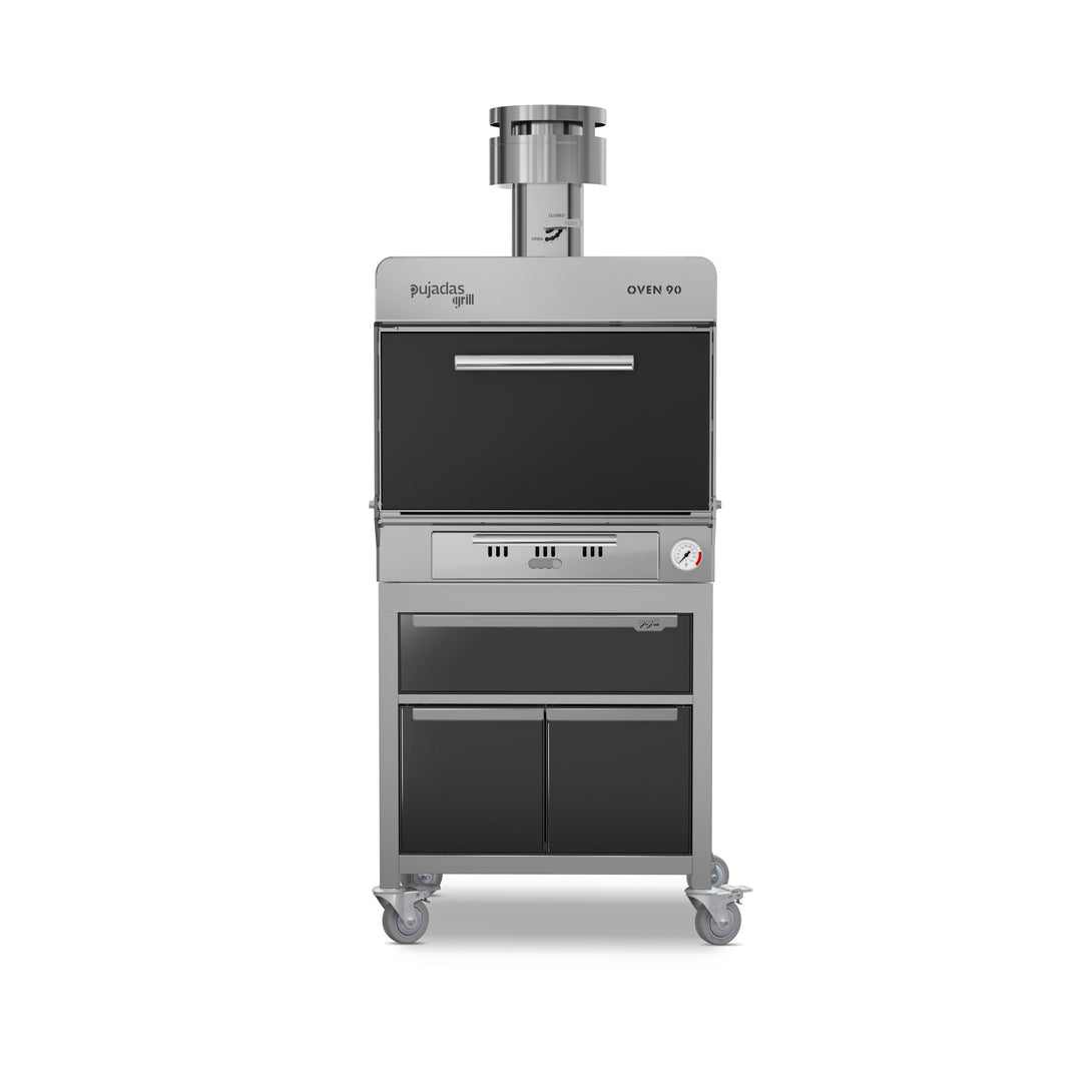 Pujadas Premium brasa faszenes grillsütő, 90 fős kapacitás, fekete kivitel, szemből