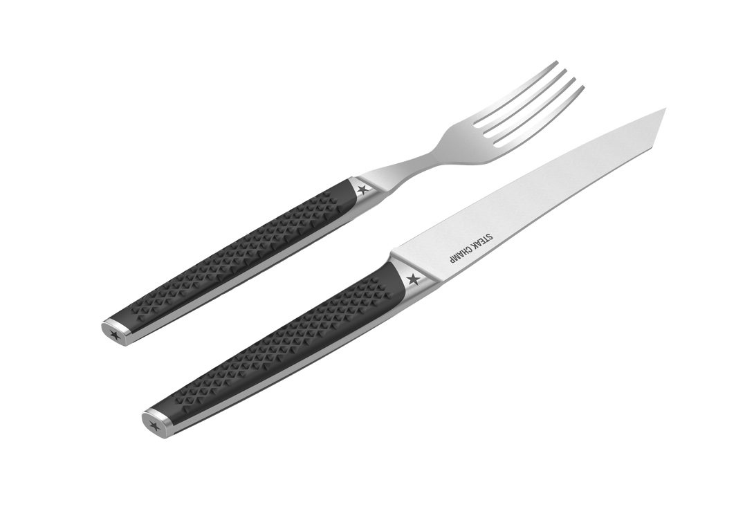 STEAK CHAMP kés és villa szett mágneses dobozban (2 pár)