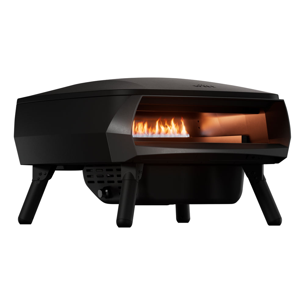 Modern designú kültéri pizza sütőgép, nyitott előtérrel és látható égéssel – oldalnézetből