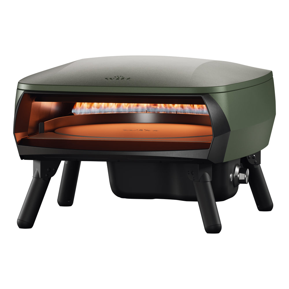 Gázüzemű kültéri pizzakemence lánggyűrűvel és samott sütőlappal, matt zöld színben – elölről nézve